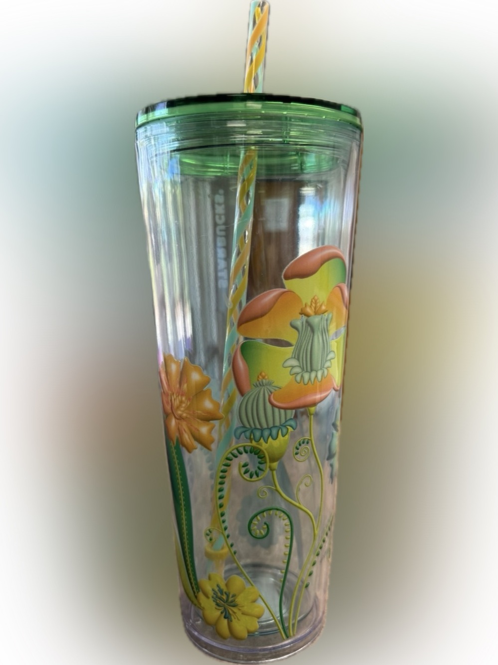Starbucks flowery Clear Tumbler with Green Interior Accents